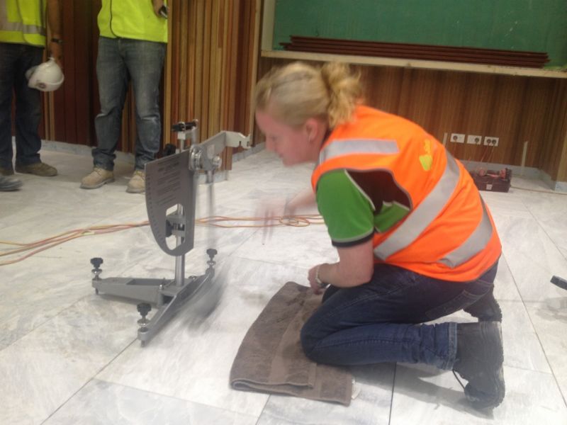 Theresa Walsh, our floor slip test consultant in from the Melbourne office swinging away with teh Pendulum Slip Meter